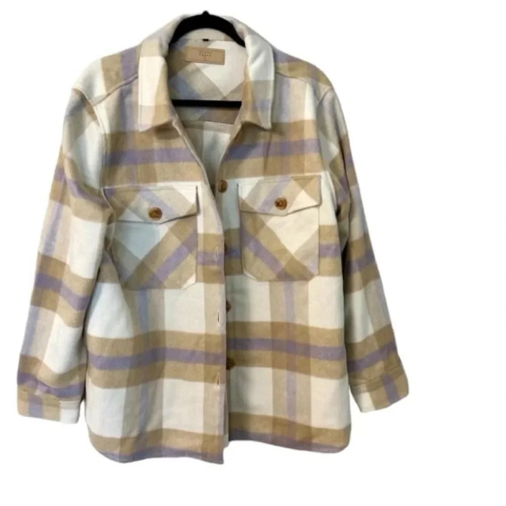 BlankNYC Women’s Trail Blazer Shacket White Multi Plaid  Button Up Size L NWT